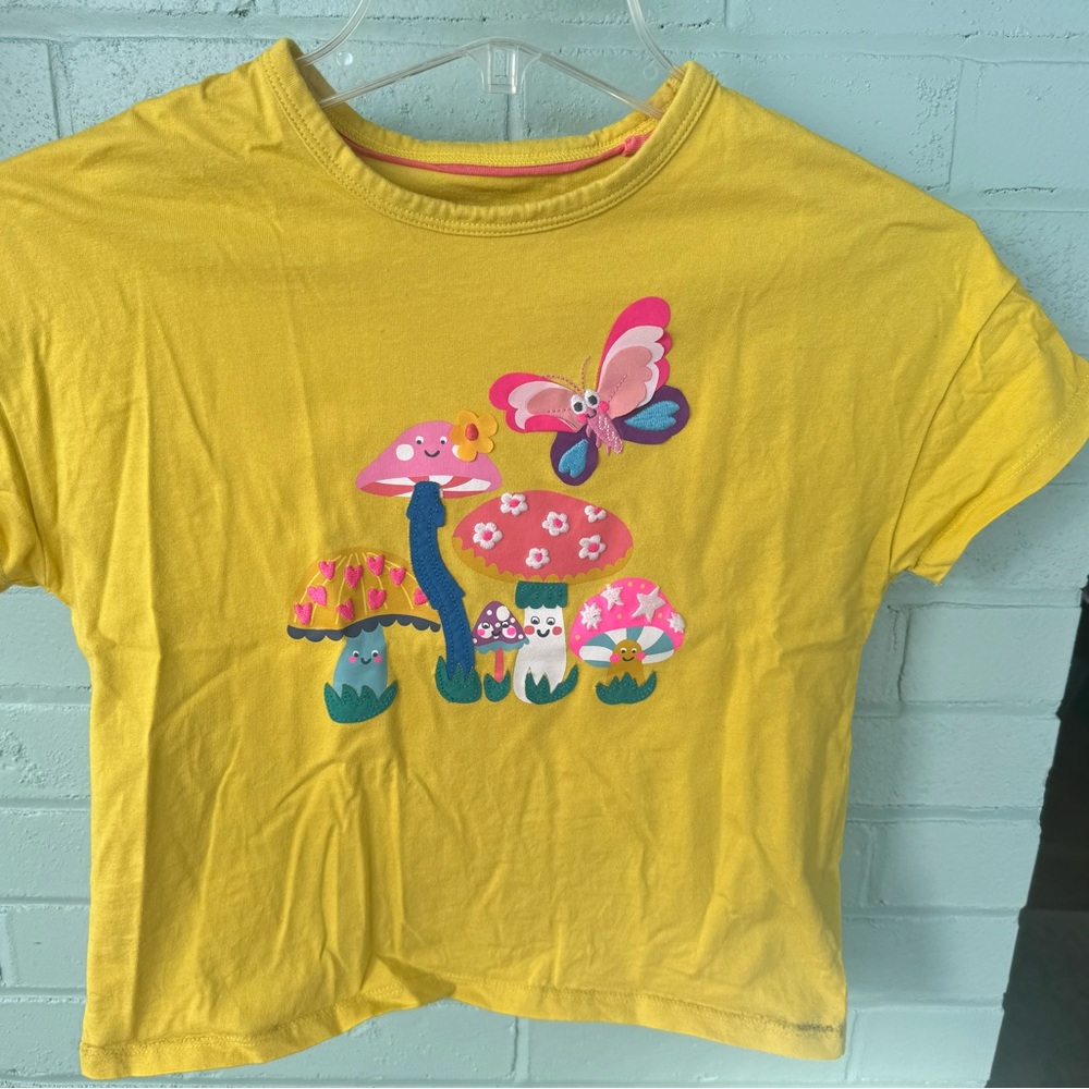 Mini Boden Bright Yellow Tee with Butterfly and Mushroom Design